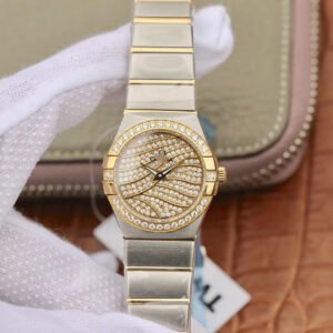 REPLICA OMEGA CONSTELLATION LADIES 27MM TW FACTORY YELLOW GOLD TEXTURED DIAMOND DIAL