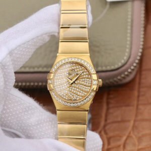 REPLICA OMEGA CONSTELLATION LADIES 27MM TW FACTORY 18K YELLOW GOLD TEXTURED DIAMOND DIAL