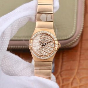 REPLICA OMEGA CONSTELLATION LADIES 27MM TW FACTORY 18K ROSE GOLD TEXTURED DIAMOND DIAL